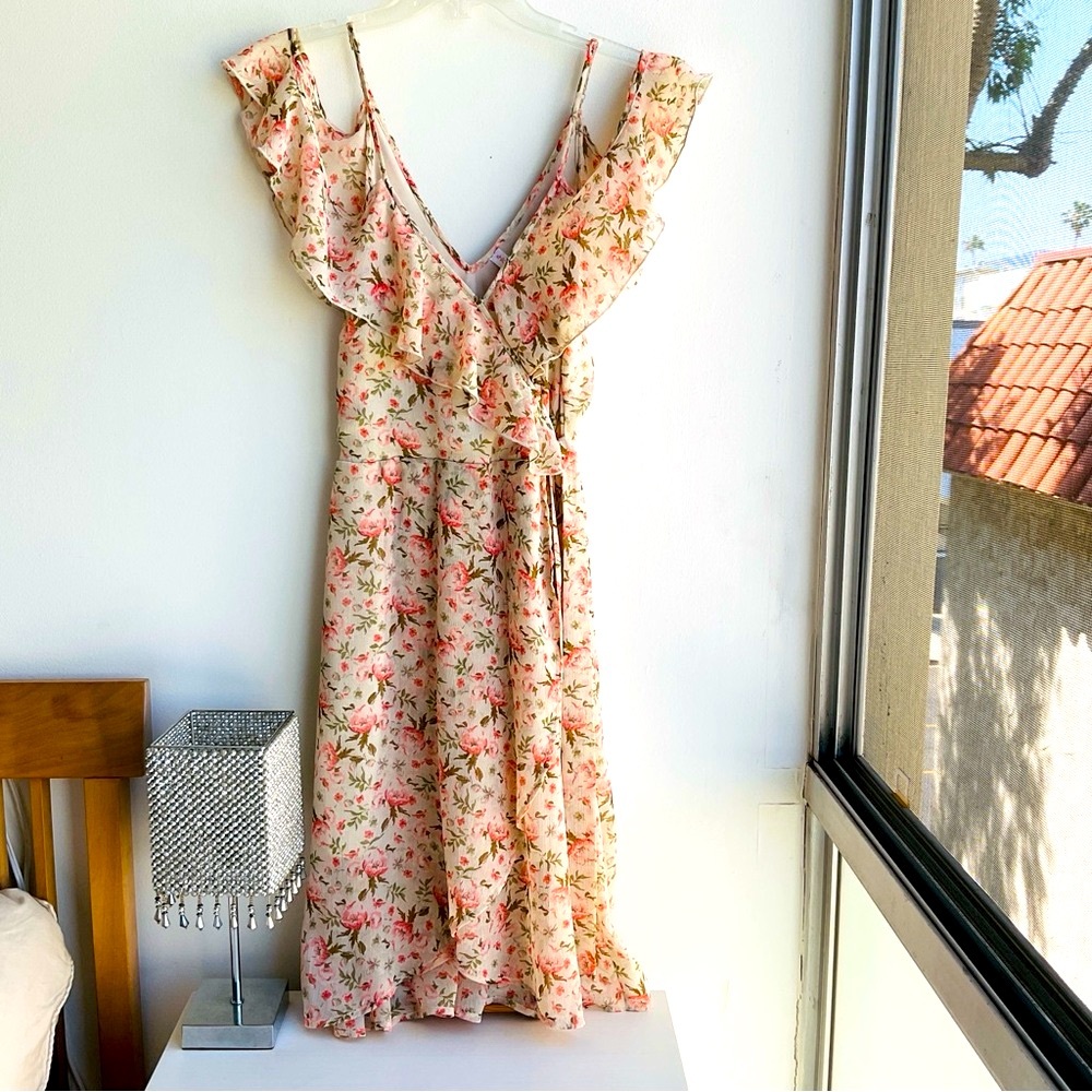 Vintage Pink and Green Floral Flowy Midi Dress